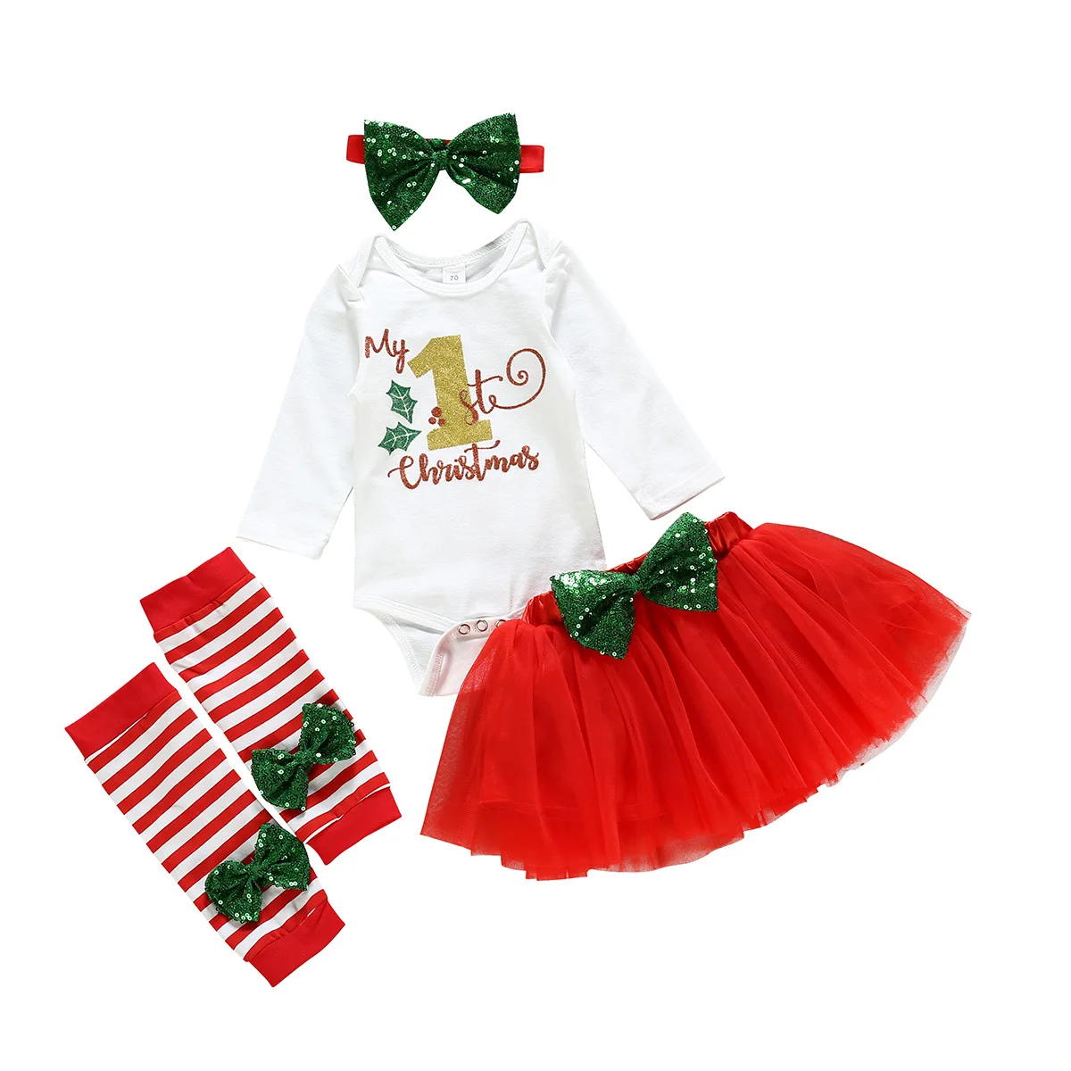 Baby Girls Christmas Clothing Sets Romper+Tutu skirt+Leg warmer+Headband 4Pcs Infant Santa Wear baby Romper | Мать и ребенок