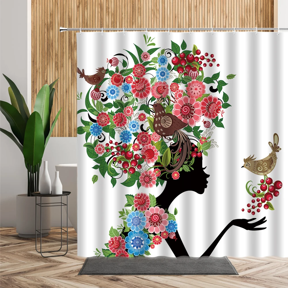 

African Girl Blue Butterfly Yellow Sunflower Floral Shower Curtain For Bathroom Decor Creative Flower Printed Cloth Bath Curtain