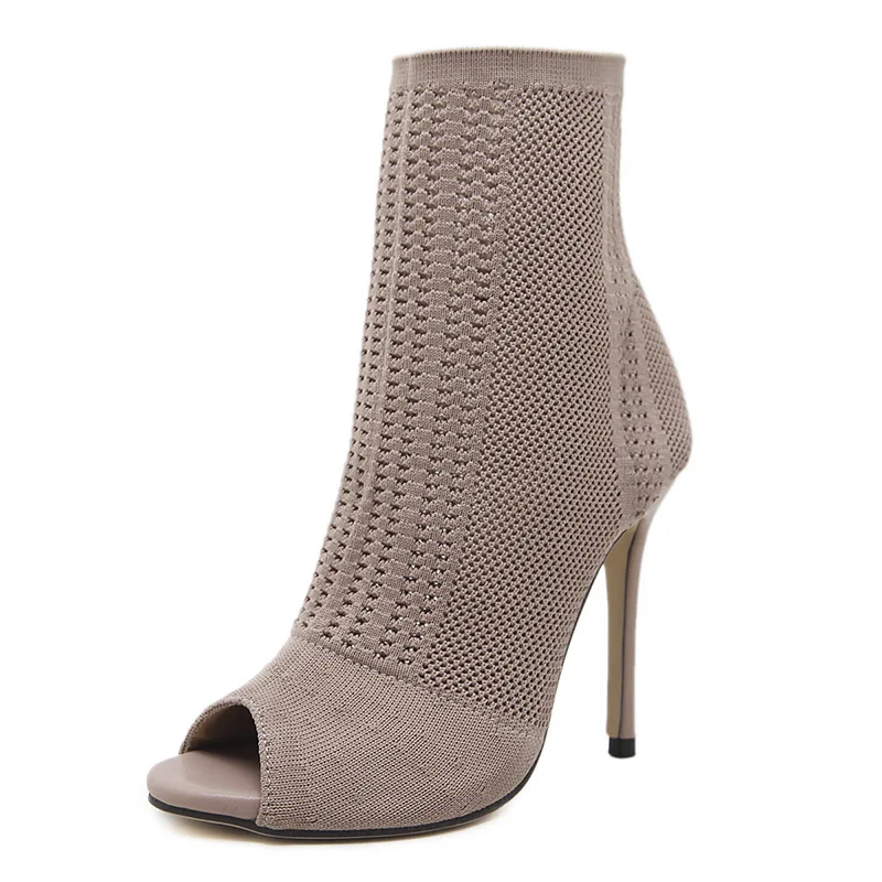 

SONDR Stretch Fabrics Stiletto Solid Color Women Ankle Boots High Heels Peep Toe Knit Sock Booties Shoes Woman Slim Lady Boots