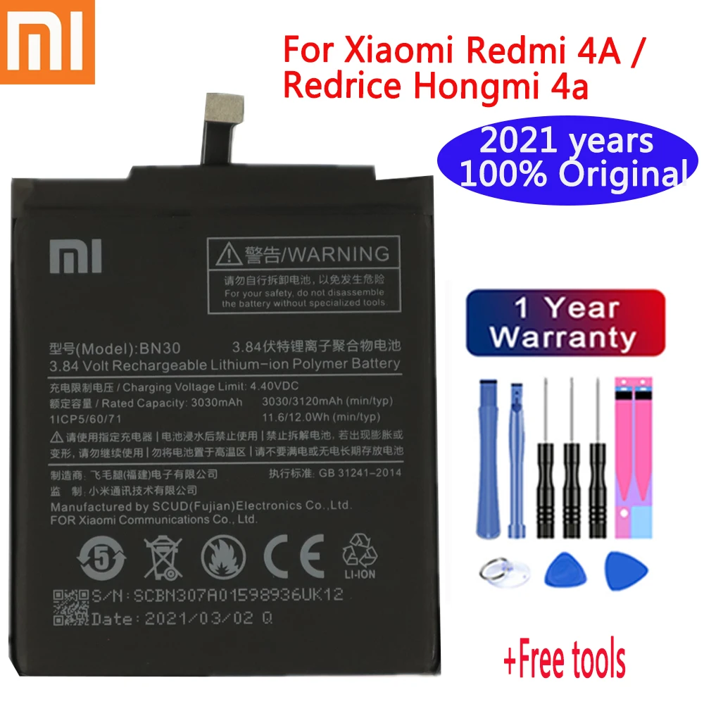 

2021 years 100% Original Battery BN30 ForXiaomi Redmi 4A Redrice Hongmi 4A Lithium Polymer Replacement Bateria Free Repair Tools