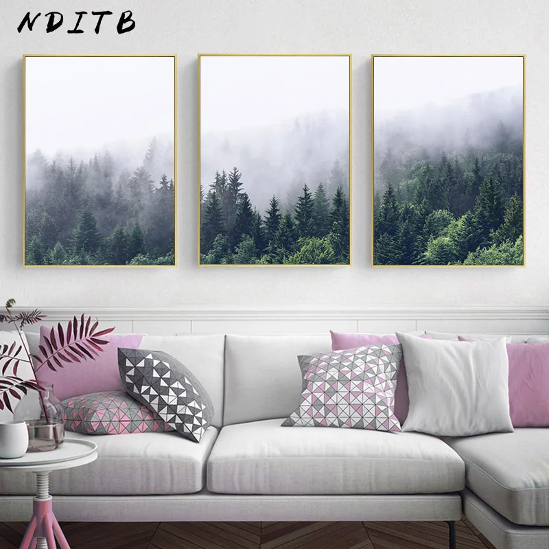 Туманный лес Пейзаж Плакат в скандинавском стиле Холст Wall Art Картина