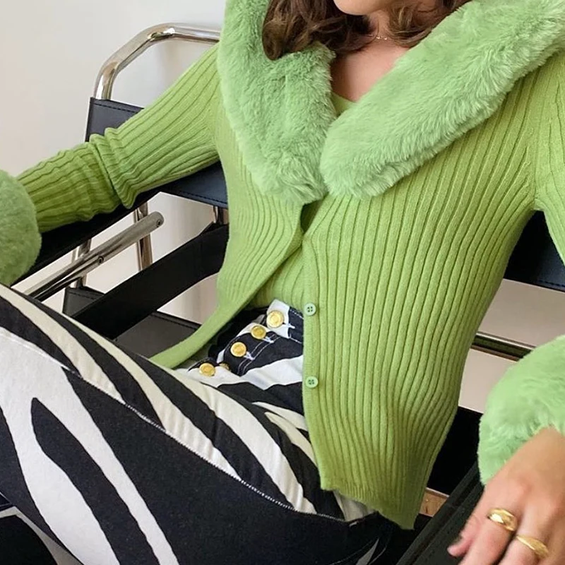 Женский вязаный пуловер Y2k однобортный теплый кардиган с меховым воротником