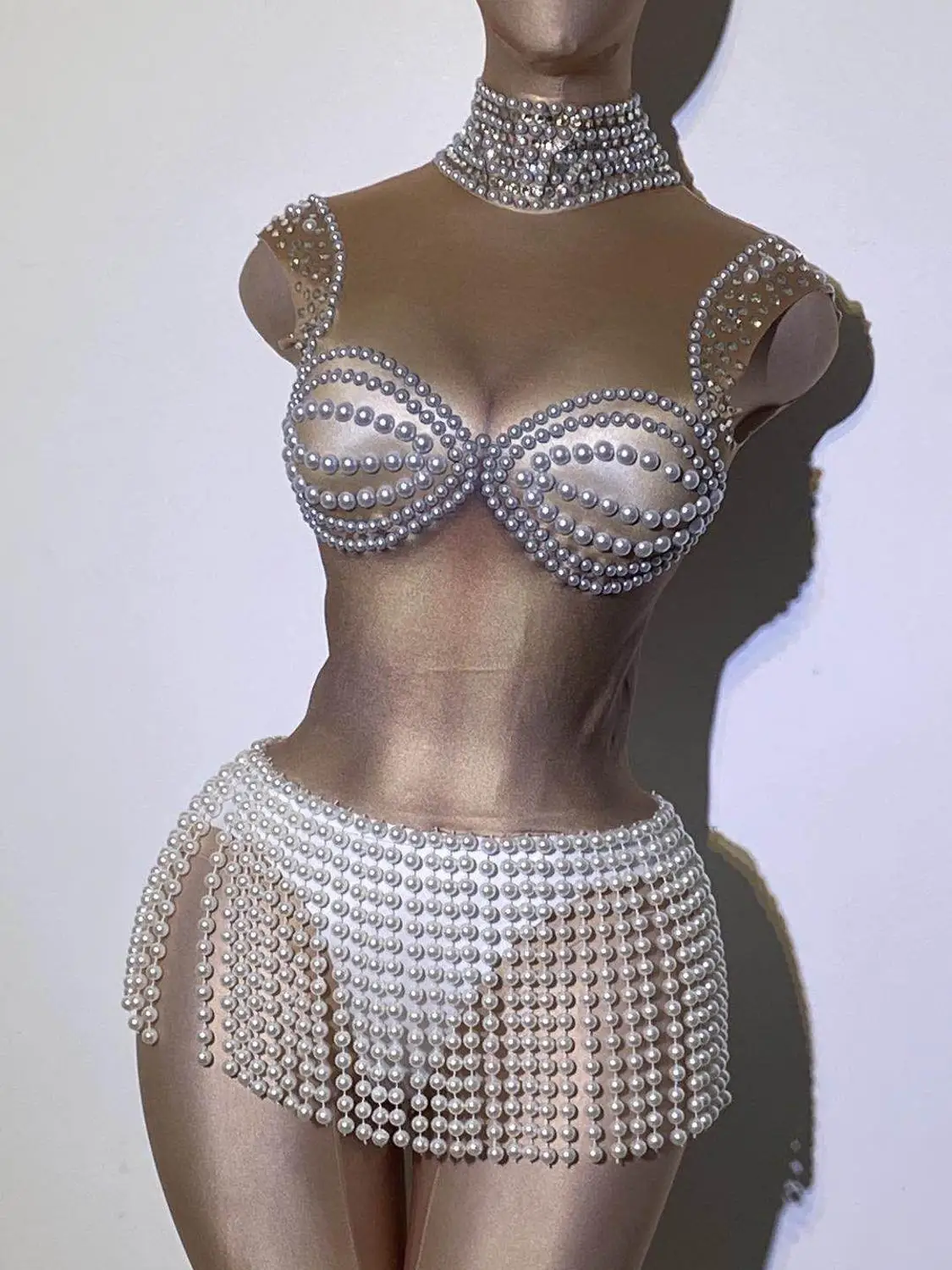

Sleeveless Sexy Nude Dance Leotard Costume Performance Party Celebrate Stage Show Wear Rhinestones Pearls Fringes Bodysuit