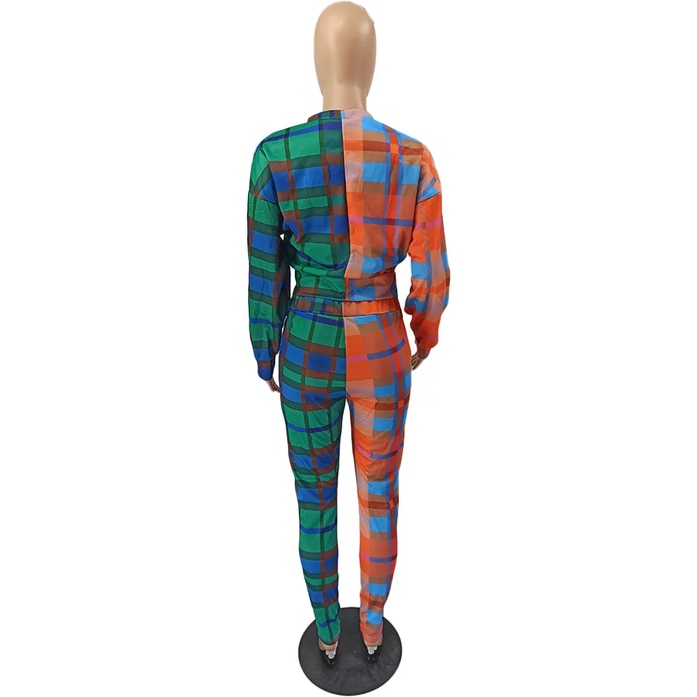 

Fall plaid patchwork print sweat suits Cross lace-up top+sweatpant 2 piece sets womens outfits 2020 sweatsuit matching sets