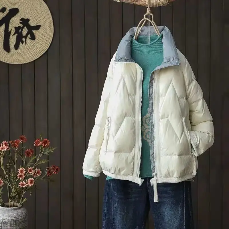 

Lightweight Solid Women Parkas Winter New Design 2021 Turn-Down Collar Pocket Zipper Loose Warm Female Outwear Coats Tops