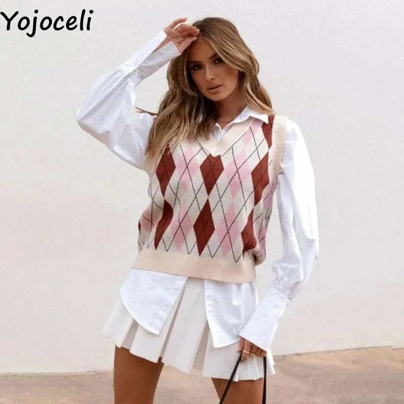 

Модный женский Трикотажный жилет Yojoceli с геометрическим рисунком, Осенний Повседневный крутой элегантный свитер, жилет, Женские базовые вяз...