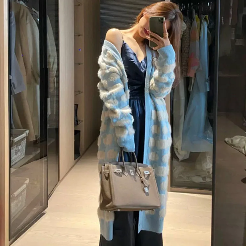 Искусственный норковый кардиган длинный женский Осень зима 2020 овчина жаккард