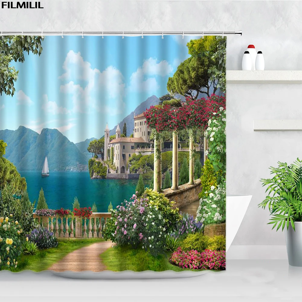 

FILMILIL Retro Town Garden Scenery Shower Curtains Sets Flowers European Photography Backdrop Wall Decor Bathroom Bath Curtain