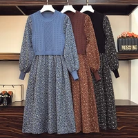 knitted stitch floral long sleeved midi plus large size oversize korean fashion womens elegant dresses autumn 2021 clothing