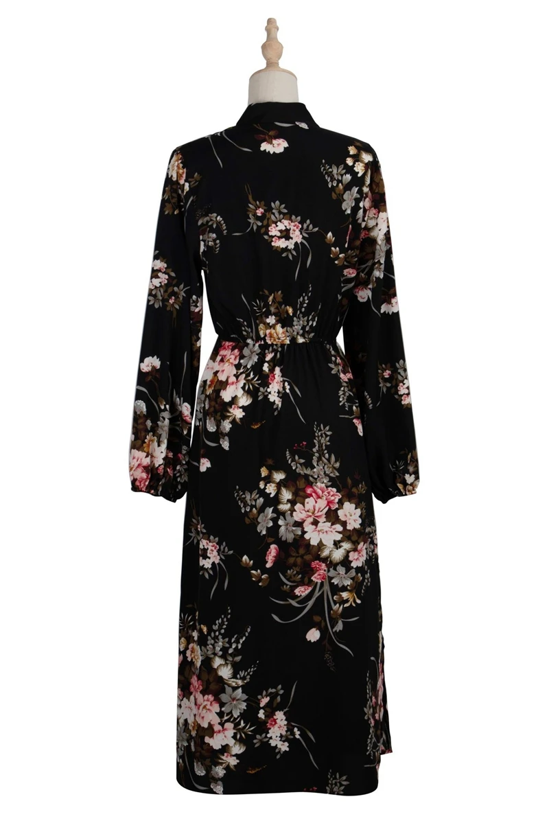 

Puff Sleeve Autumn Winter Floral Dress Women Casual Bow Stand Collar High Wasit Long Sleeve Dress 2021 New