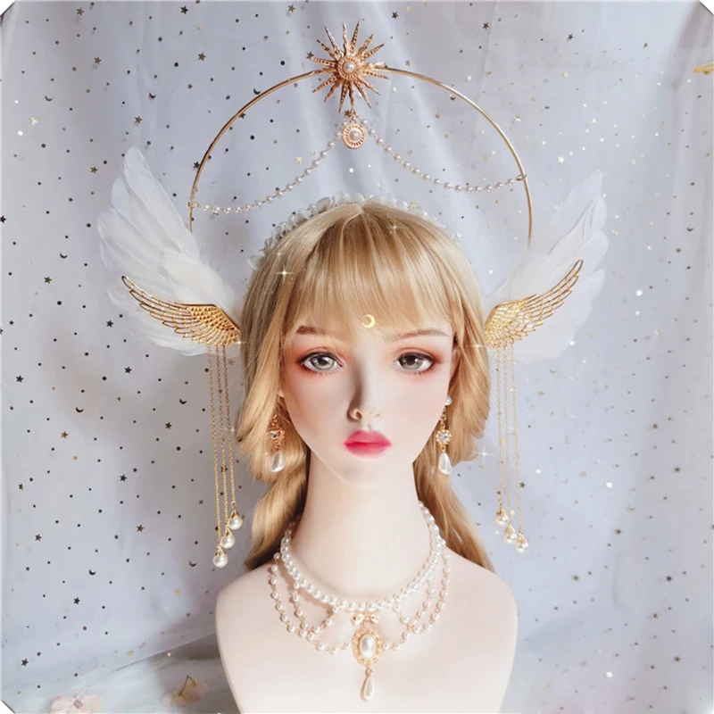 

Angel Feather Wings Apollo Sun Godmother's Crown Tassel Bead Chain Headwear Vintage Mary Baroque Tiara Lolita Hair Accessory
