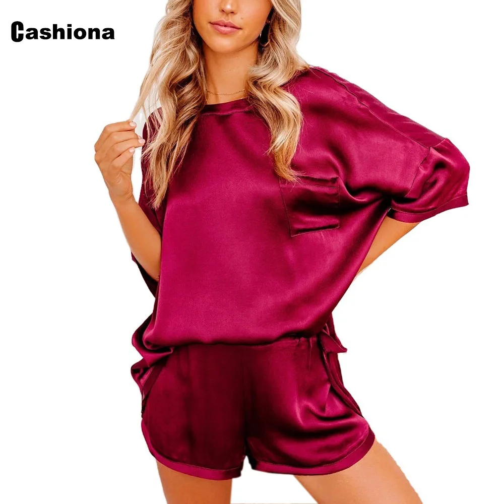 Cashiona Imitation Silk Women Pajamas Set 2021 Summer New Half Sleeve Casual Top And Loose Shorts Jersey Femme Two Piece Outfits