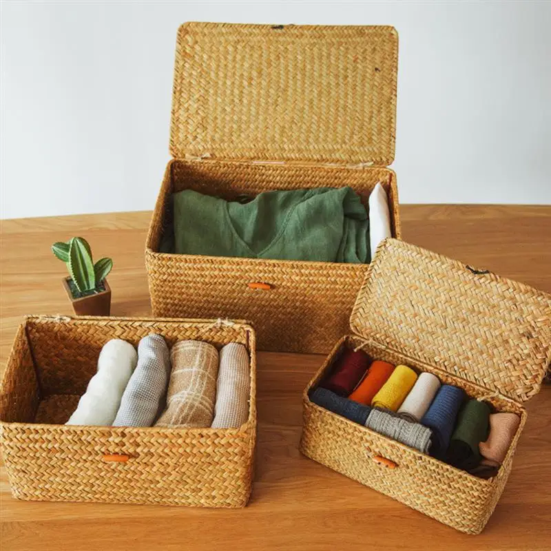 

Seagrass Woven Storage Box Cotton Linen Checkered Cloth Lined Storage Box Clothing Storage Basket With Lid Sundries Integration