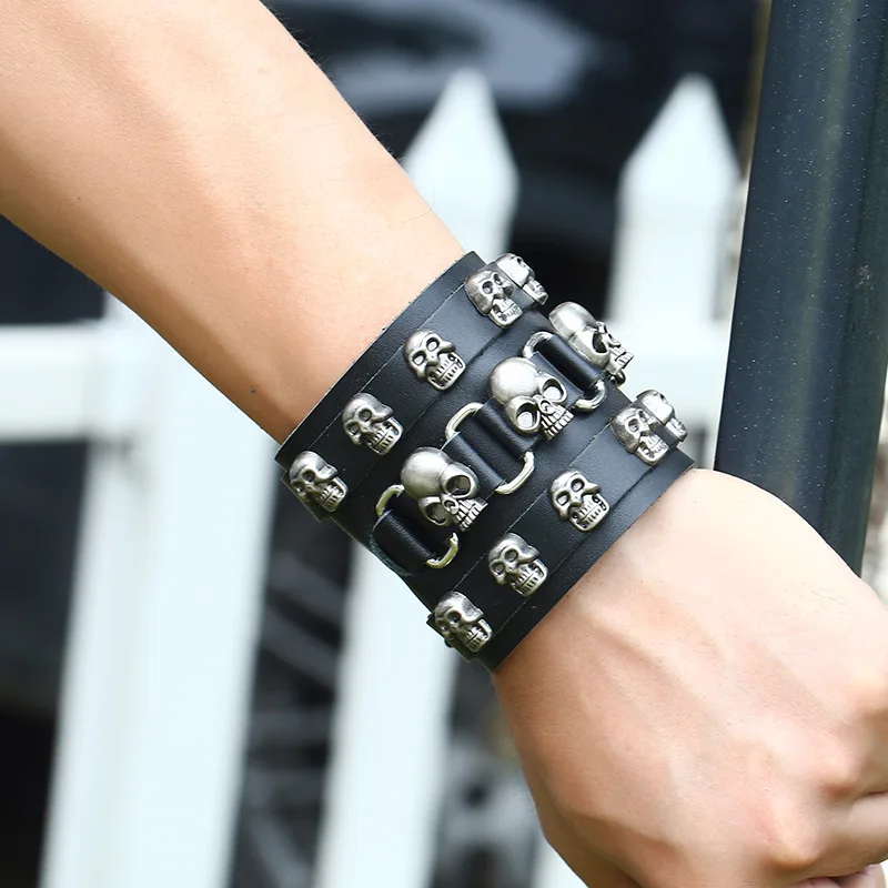 7cm Wide Genuine Leather Wrap Bracelet Punk Rock Skull Head Cuff Bangles 2020 Fashion Jewelry For Men | Украшения и аксессуары