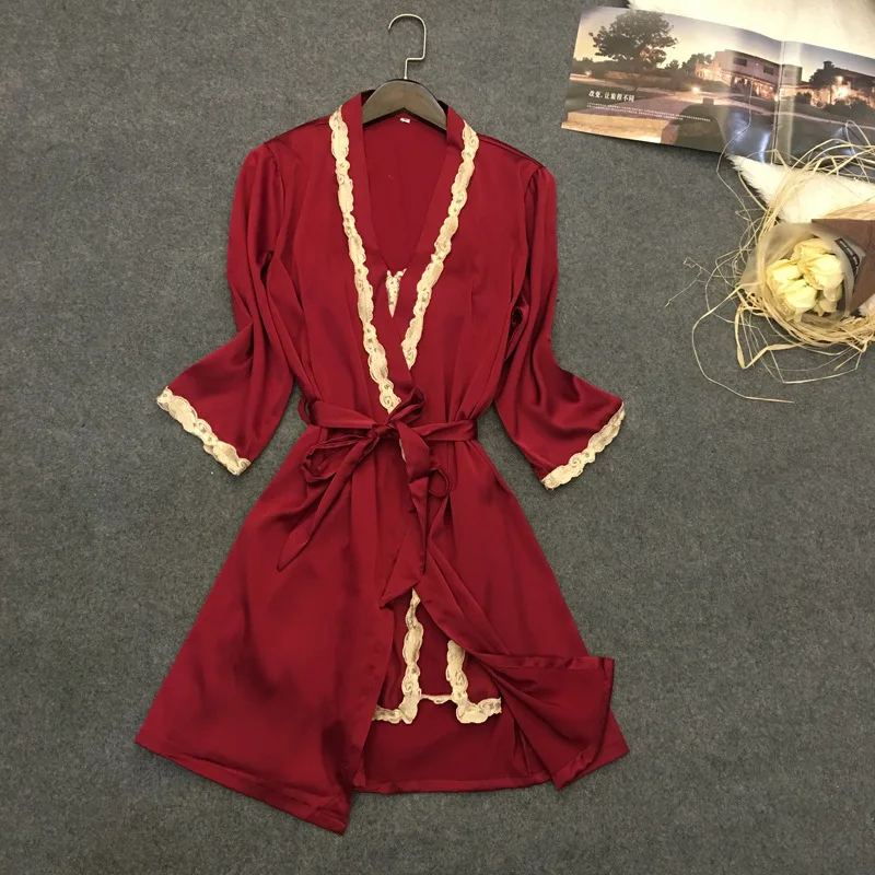 

Женский пижамный комплект бордового цвета, комплект из 2-х предметов, Пижама домашняя одежда, ночная рубашка, кимоно для сна, банное платье