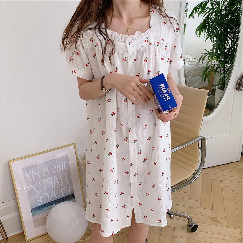 2021 Summer New Cotton Gauze Nightgown Women Lace Sleeping Dress Female Nightdress Short Sleeve Home Wear Lady Sleepwear