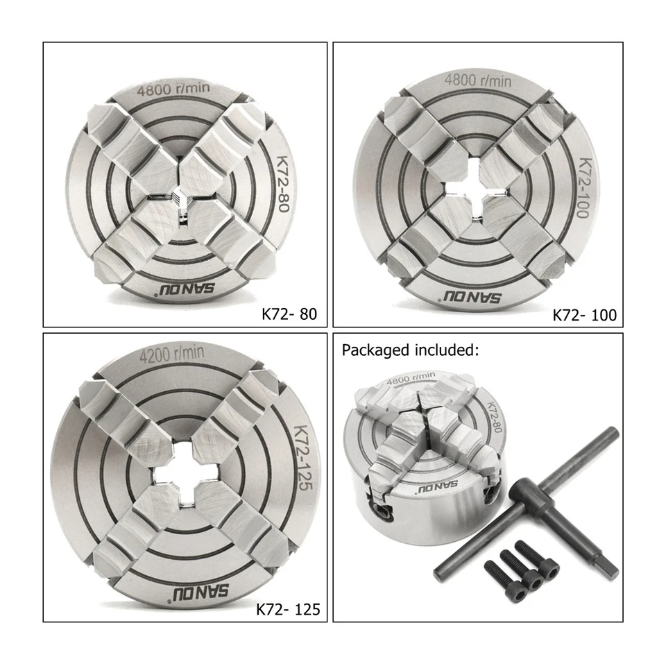 

4 Jaw Lathe Chuck K72-80/K72-100/K72-125 1*Safety Chuck Key 3* Mounting Bolt Hardened Reversible Tool for CNC wood machine