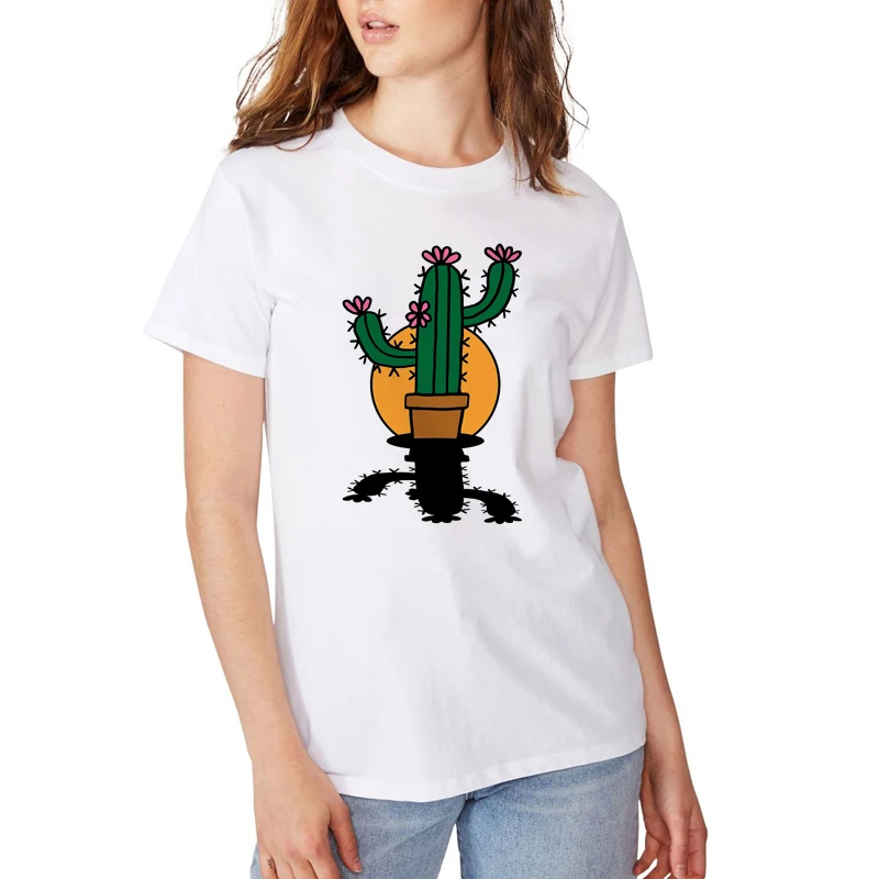 

Футболка женская летняя универсальная с круглым вырезом и принтом кактуса