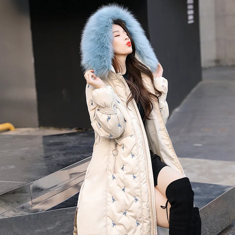 

High Quality Women's Down Jacket Mid-length 2019 Winter Jacket Stitching Coat Large Fur Collar Parka Female D191208