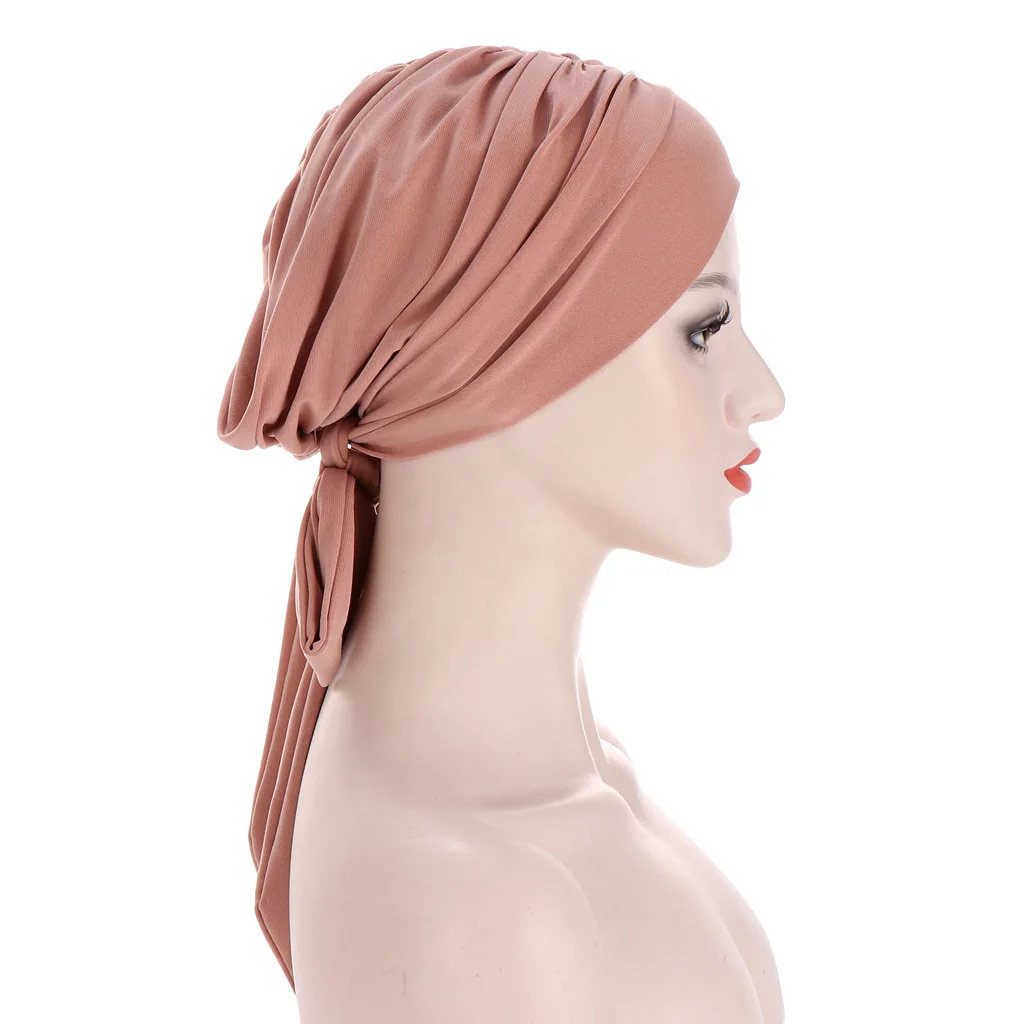 Однотонный тюрбан с длинным хвостом и бантом шапка эластичный головной платок