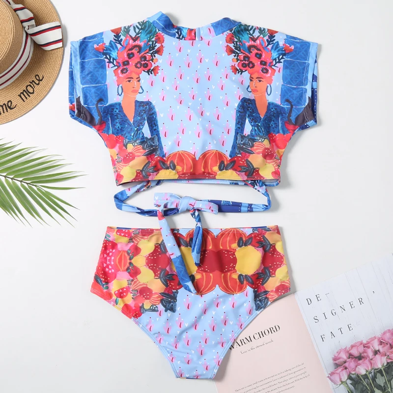 

High Waist Swimsuit Women Two Piece Push Up Padded Bikini Sets Cross Bandage Biquini Print Swimwear Sleeve Bathing Beach Wear
