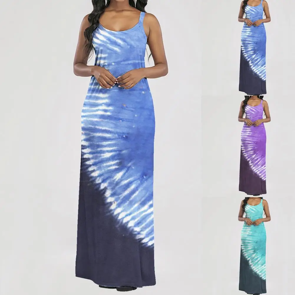 

2021New Sexy Sleeveless Tie Dye Pattern Summer Dress Elegant Spaghetti Strap V-Neck Backless Party Dress Women Casual Long Dress
