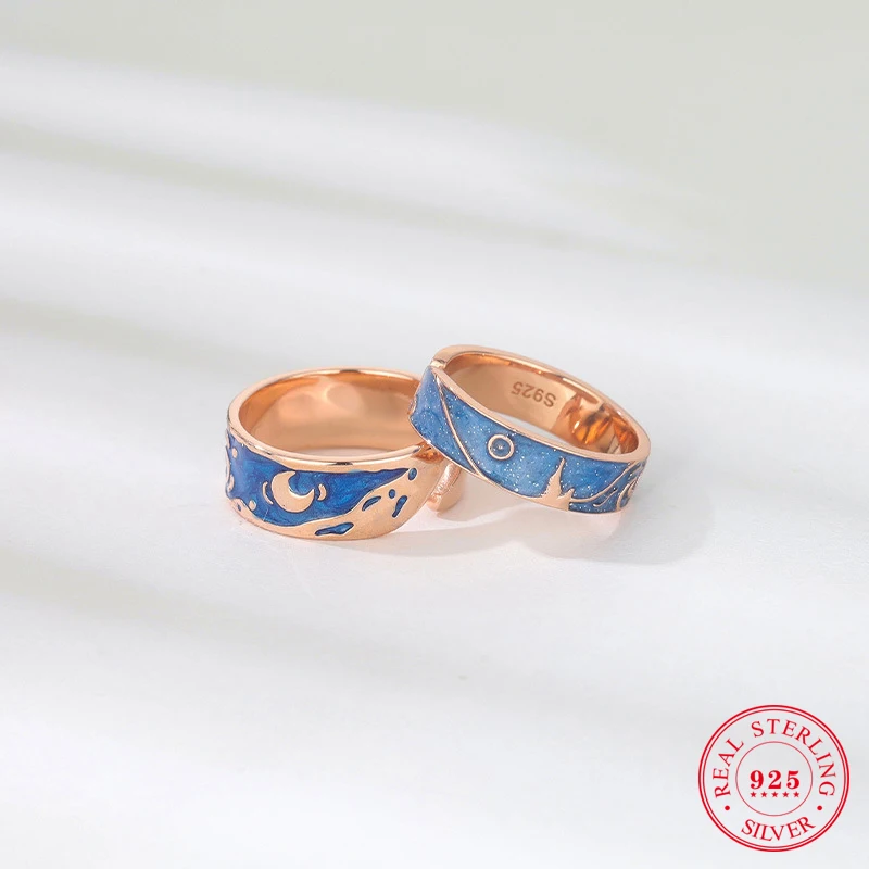 

Creative Brand Van Gogh Moon Star Open Ring Women Men Lover Blue Starry Sky Ring Couple Valentine Gift 925 Silver Wholesale Anel