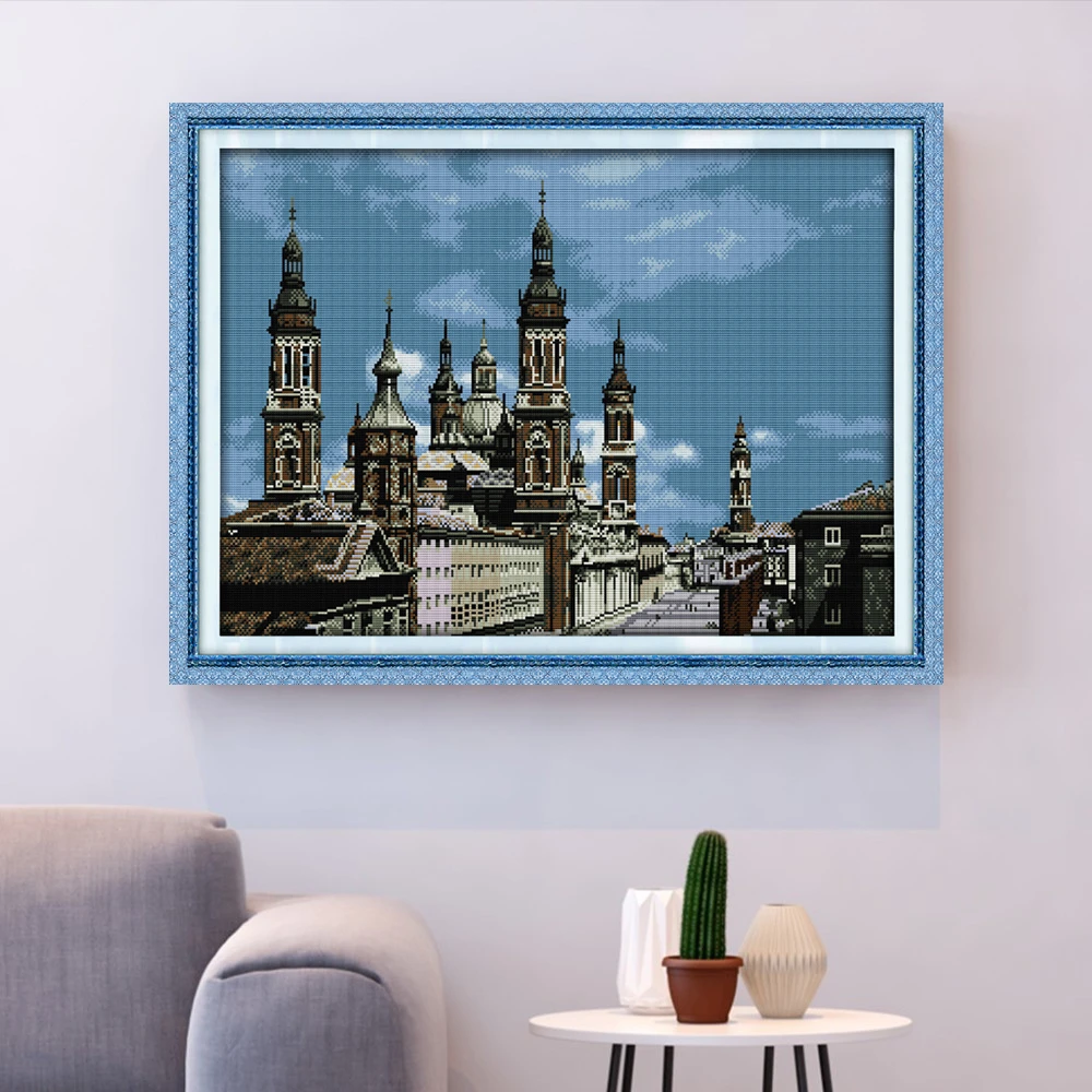 

HUACAN Cross Stitch Castle Kits 14ct 11ct White Canvas Cross Stitch City Set DIY Embroidery Needlework Gift