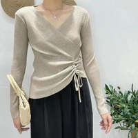 2021 women spring and autumn new korean version of the v neck drawstring all match folds splicing sweater slim long sleeved top