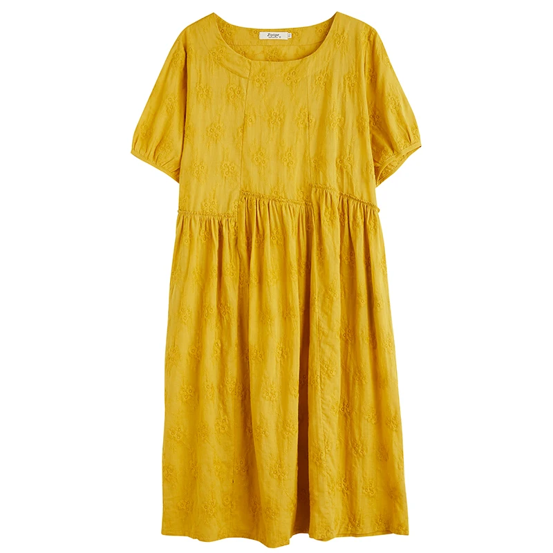 

Uego original design Embroidery Floral Loose Summer Dress Cotton Linen Jacquard Holiday Casual Dress Plus size Women Midi Dress