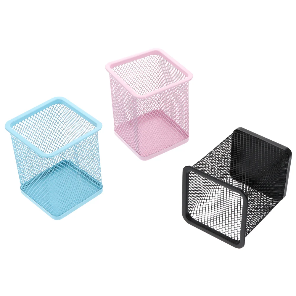 

3pcs Pen Pot Cuboid Iron Mesh Pencil Holder Desktop Pencil Container for Office