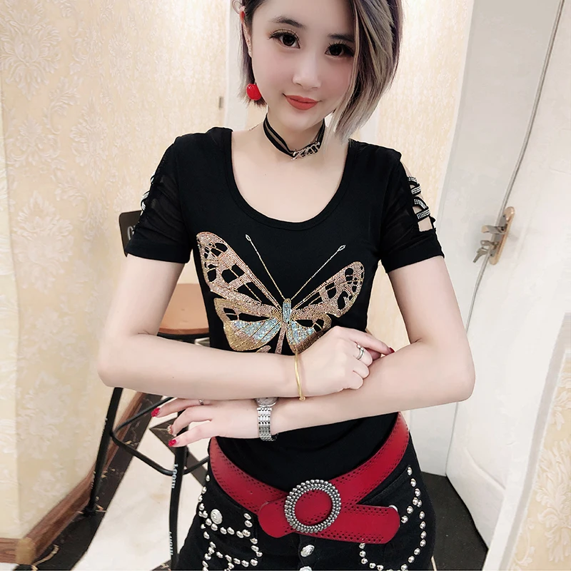 

2020 Women Shoulder Off Diamond T-shirts Sexy Mesh Backless T shirt Summer Skinny Drilling T-shirt Clothes Female Club Tops t060