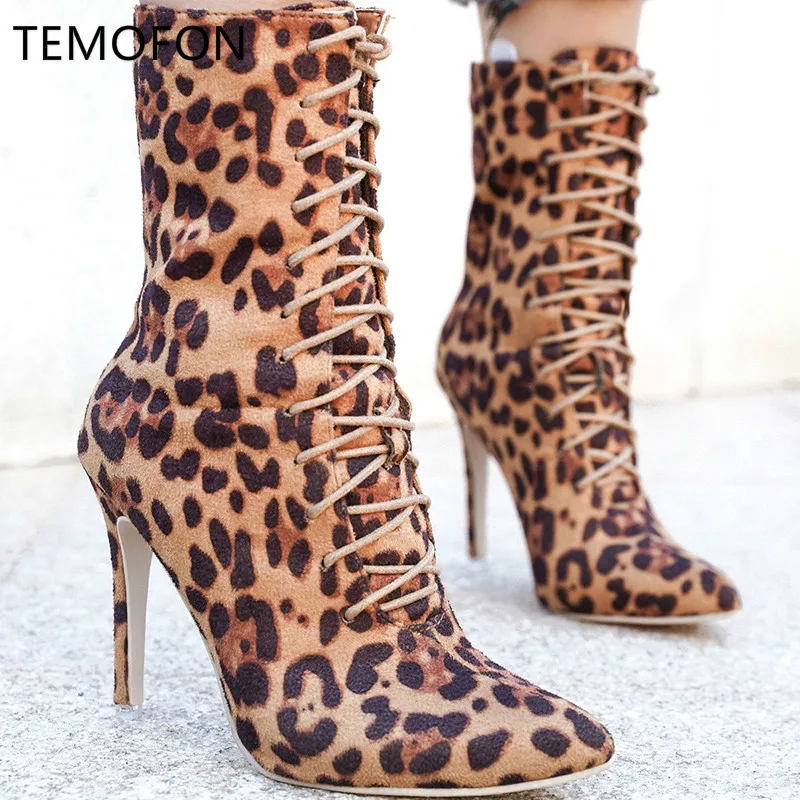 TEMOFON high heels boots women pointed toe PU leather ankle female lace up winter shoes leopard ladies 2020 HVT1408 | Обувь