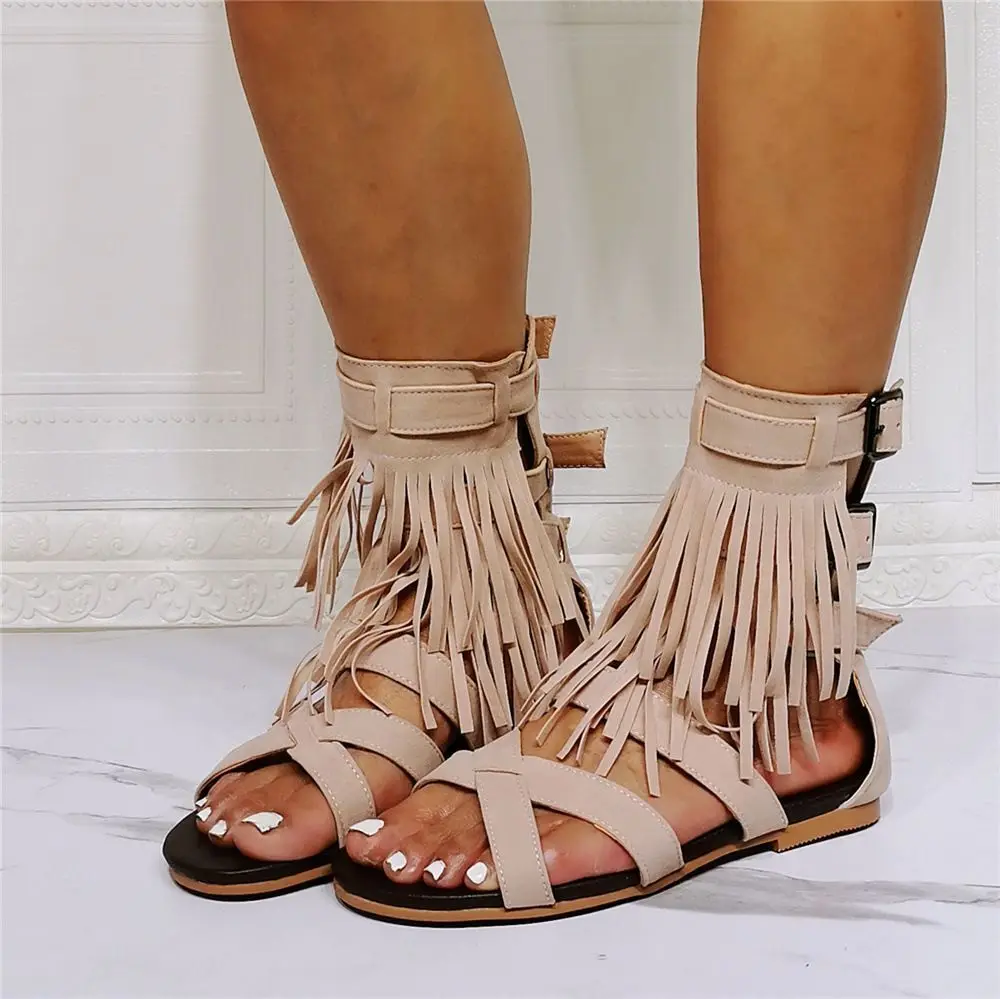 

Gray Black Tassels Flats Sandals For Women Buckle Strap Open Toe Cover Heel Fringed Sandal Booties Summer Ankle Boots Big Size47