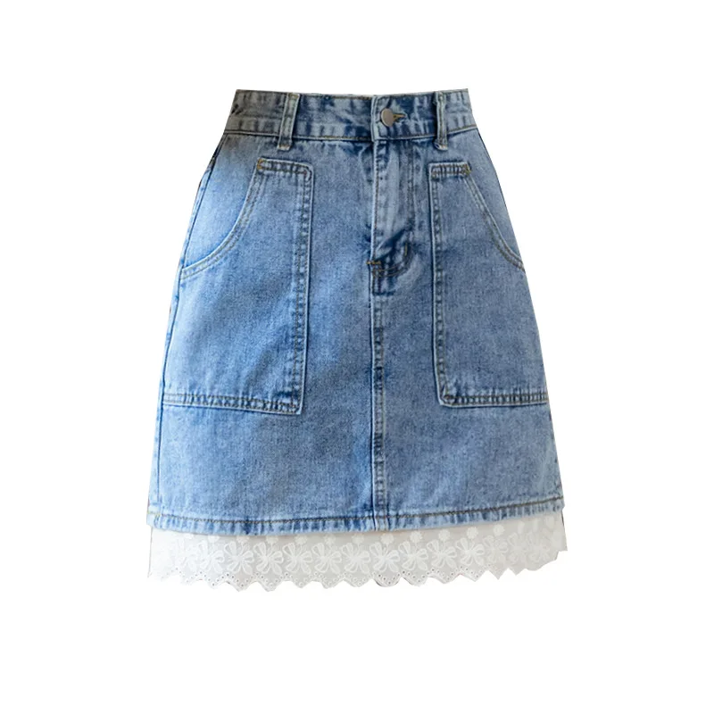 

Vintage High Waist Women Summer Mesh Lace Stitching Zipper Pocket Elegant Slim Jeans Package Hip A-Line Denim Mini Skirts T054