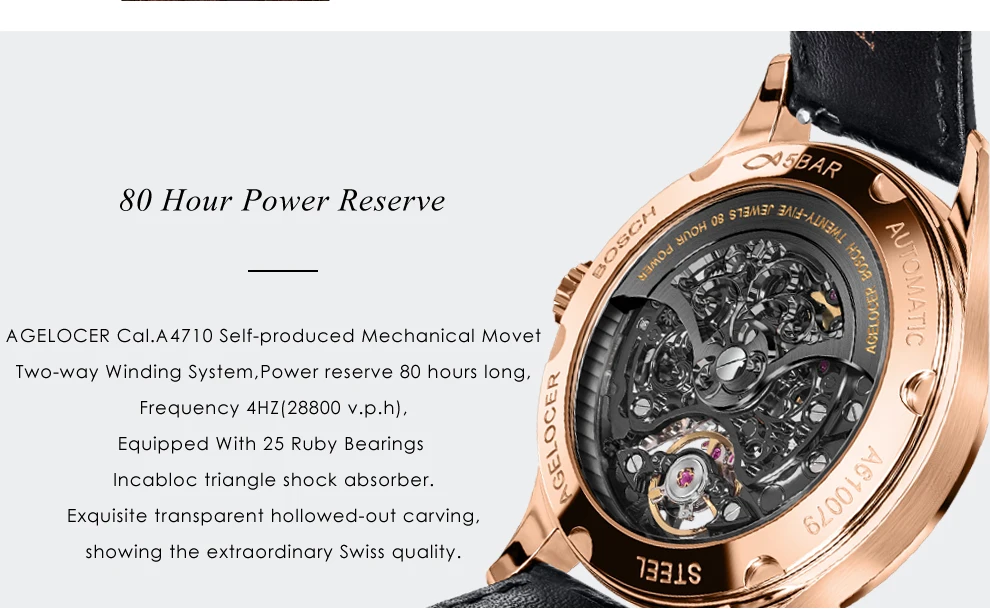 AGELOCER Reloj швейцарские черные мужские часы-скелетоны кожаные спортивные часы запас хода 80H часы наручные часы Relogio Masculino