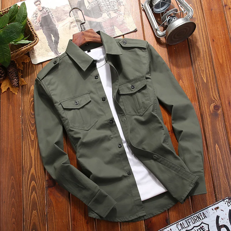 #4739 Khaki Blue Green Casual Military Cargo Shirt For Men Long Sleeves Slim Fit Men's Shirts Cotton Lapel Collar Plus Size 5XL | Мужская