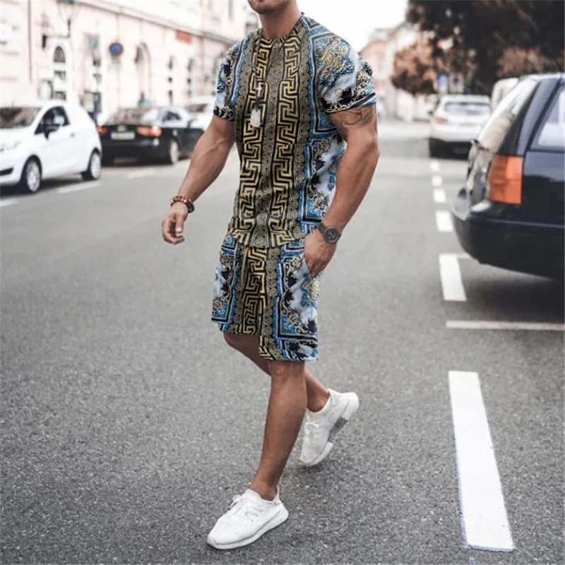 

Men Clothing 2021 European American Summer Printed Casual Sports Loose T-shirt Set Men's 2-piece Set
