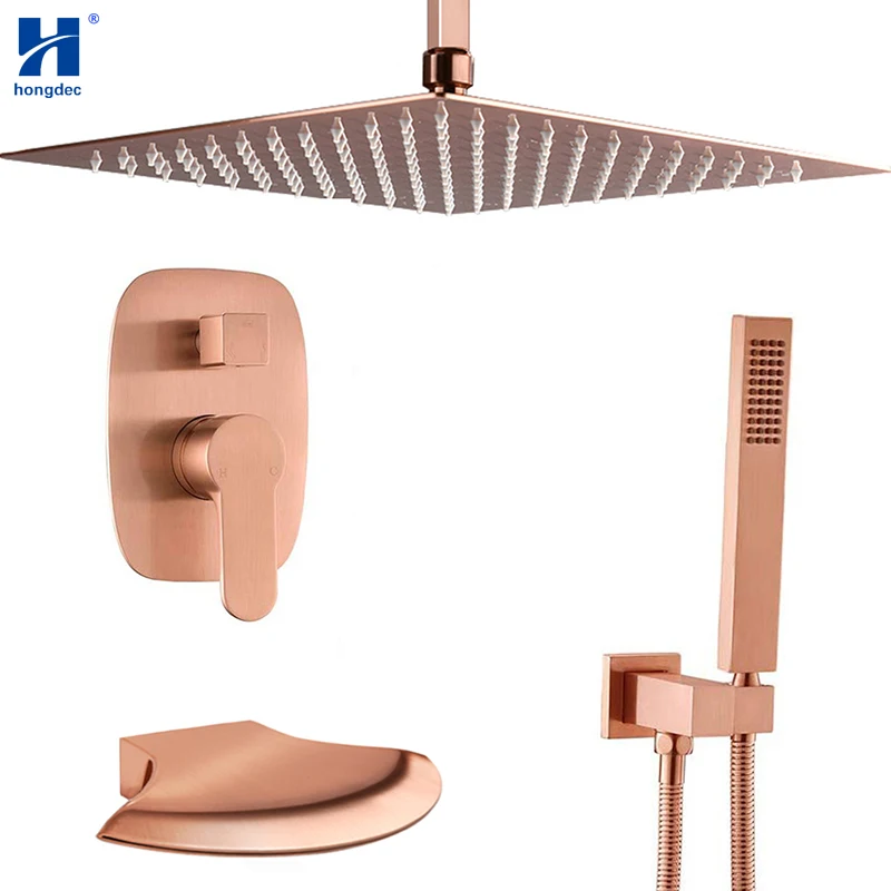 

Hongdec Ceiling Mounted Brushed Rose Gold 12 Inch Rainfall Shower System Set With Handheld Shower Head And Waterfall Spout Tub