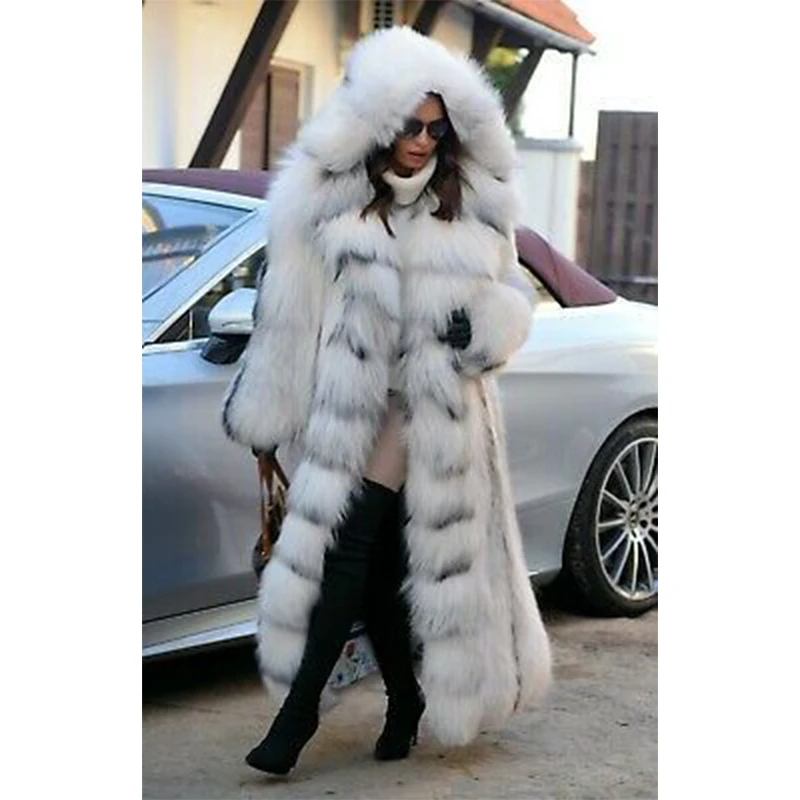 

2021 Luxury Natural Real Cross Fox Fur Women Coats & Fur Hood 130CM Long Winter Genuine Full Pelt Fox Fur Jacket Female