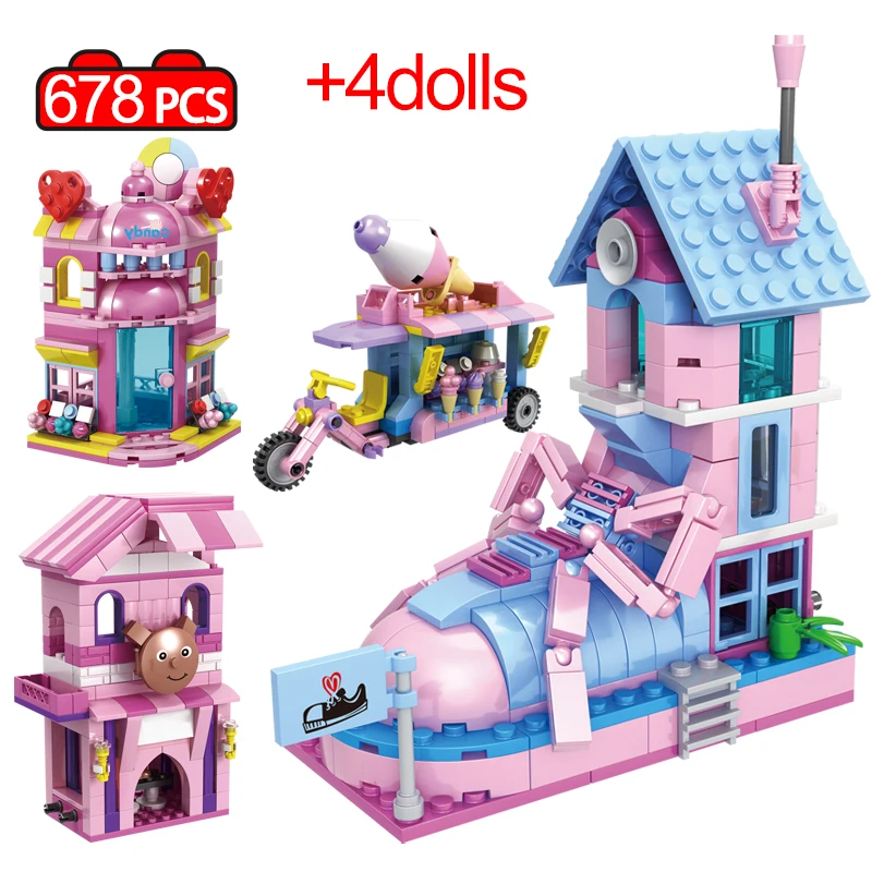 

678PCS City Street View 4 In 1 Garden Architecture Building Blocks Friends Candy Store DIY Bricks Education Toys For Girls Gifts