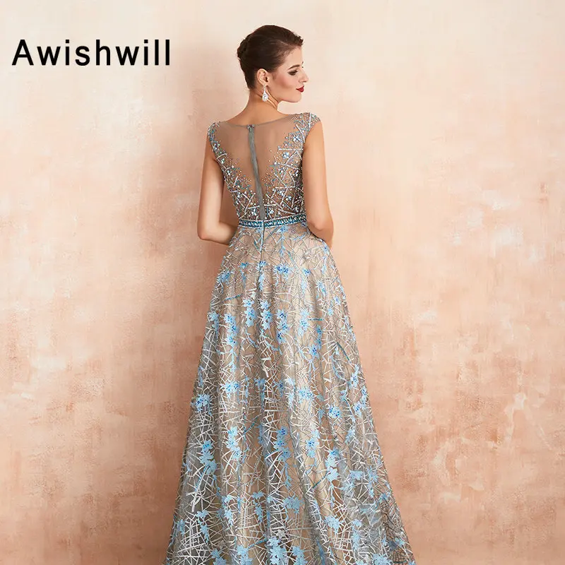 

Fashion Lace Prom Dresses 2020 Beaded Rhinestone A Line Cap Sleeves Long Sheer Neck Evening Gowns Engagement Dress Abendkleider