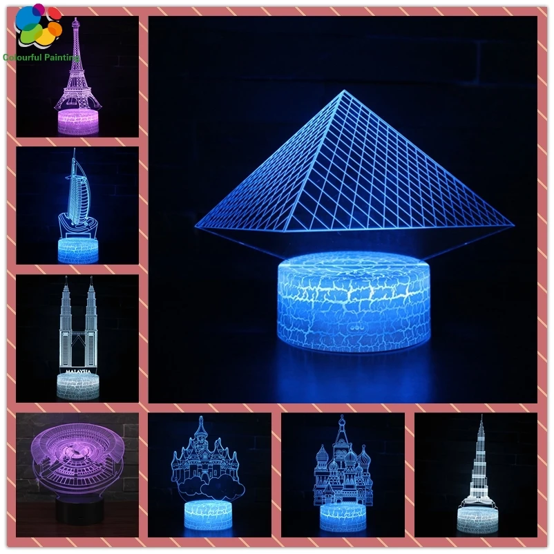 Здание Парижа Лондон Нью Йорк Китай Египет L3D светодиодный трещины база ночник 7