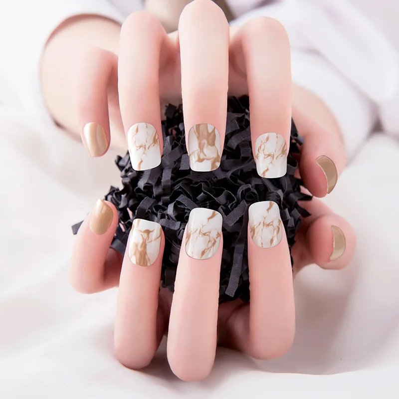 

24 шт. накладные ногти с мраморным узором патчи для ногтей цвета хаки Клей Тип съемные Короткие квадратные головки параграф полное покрытие ...