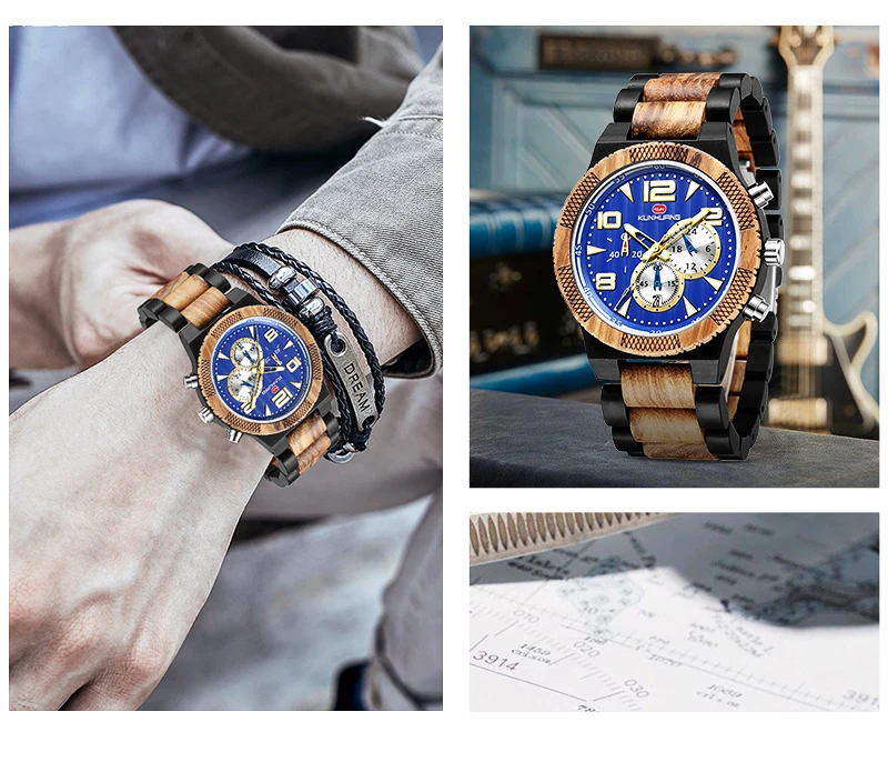 

KUNHUANG Wooden Watch Men Chronograph Military Handmade Relogio Masculino Analog Quartz Wristwatch Gift for Male erkek kol saati