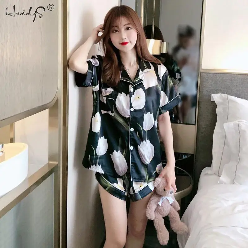 Пижама женская атласная с коротким рукавом пижама принтом звезд Луны цветов