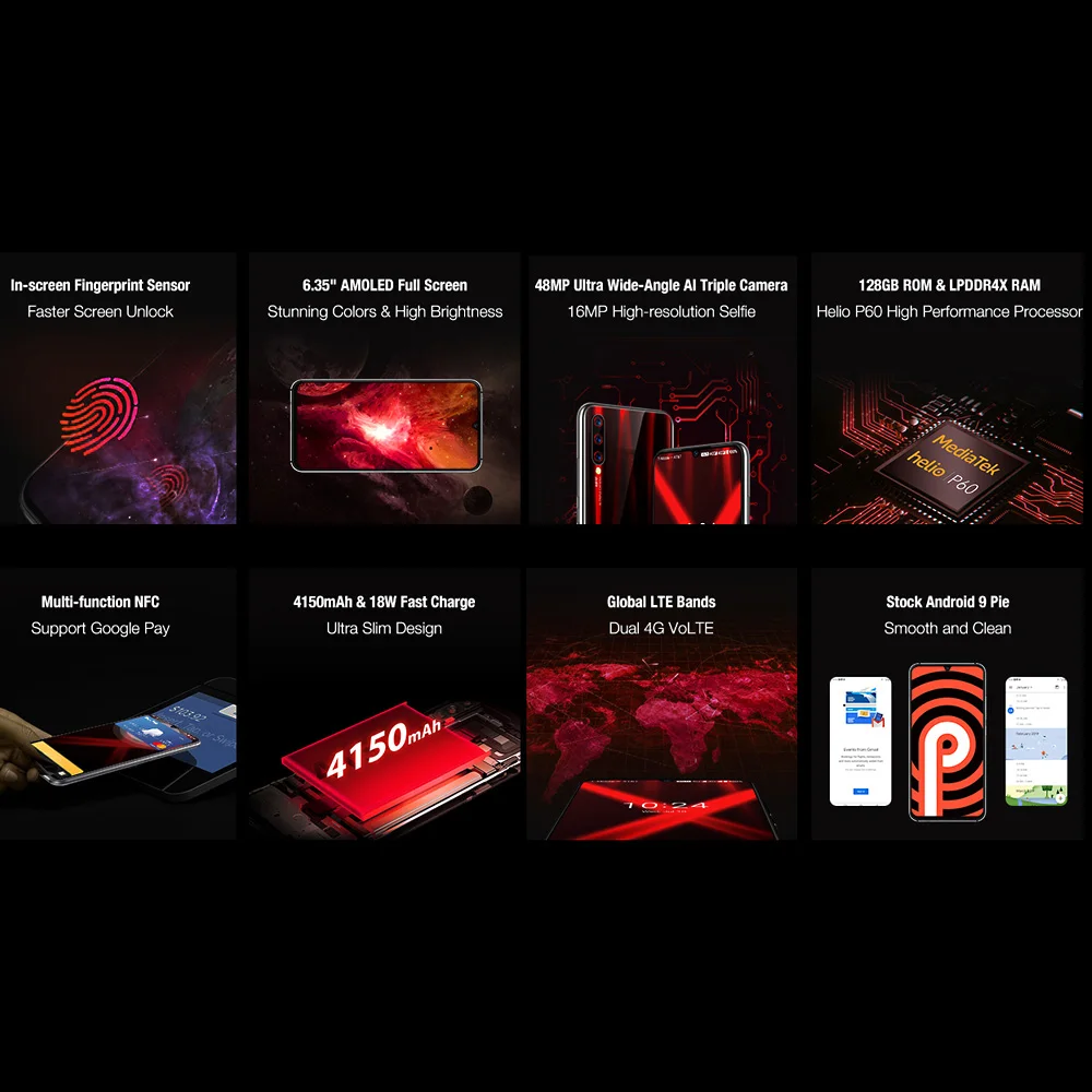 UMIDIGI X 6,35 дюймов AMOLED 4 Гб 128 ГБ глобальная версия Смартфон Android 9,0 Helio P60 48MP 4150 мАч отпечаток пальца NFC 4G мобильный телефон