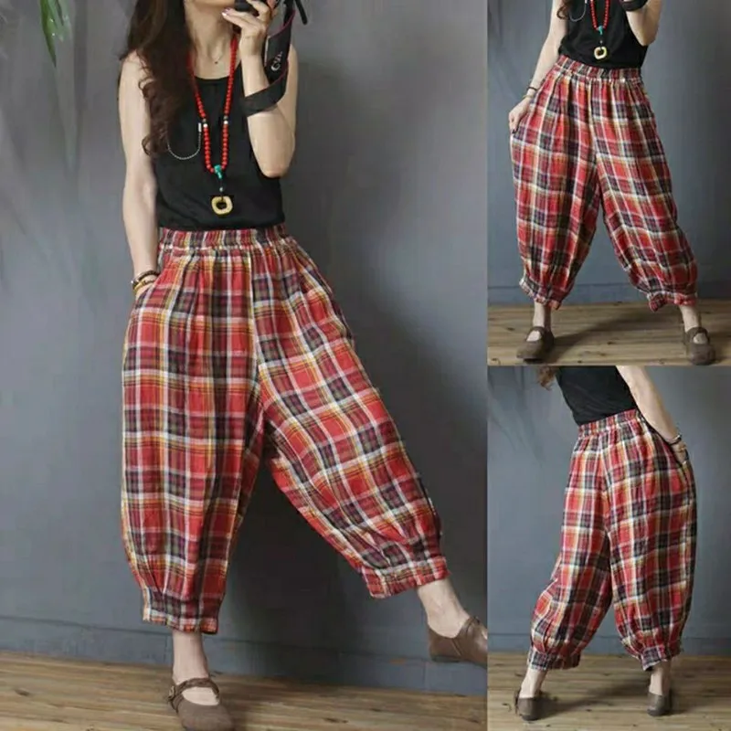 

Summer New Arts Style Women Elastic Waist Ankle-lengt Loose Plaid Pants Vintage Cotton Linen Casual Harem Pants Plus Size
