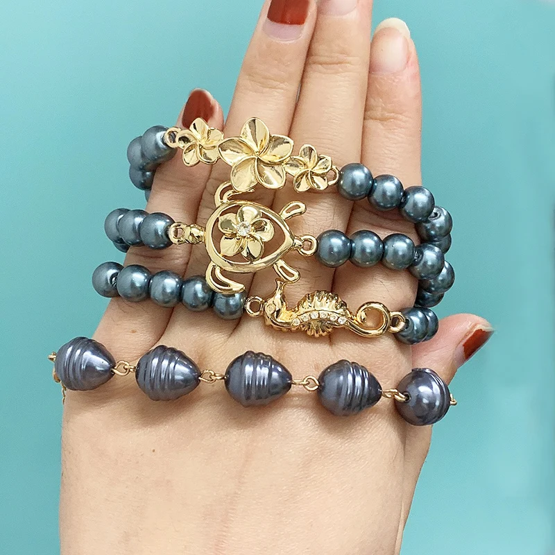 KOMI Adult/Kid Size Polynesian Hawaiian Samoa Marshall Jewelry Imitation Pearls Flower Turtle Seahorse Men Woman Bracelet Bangle | Украшения