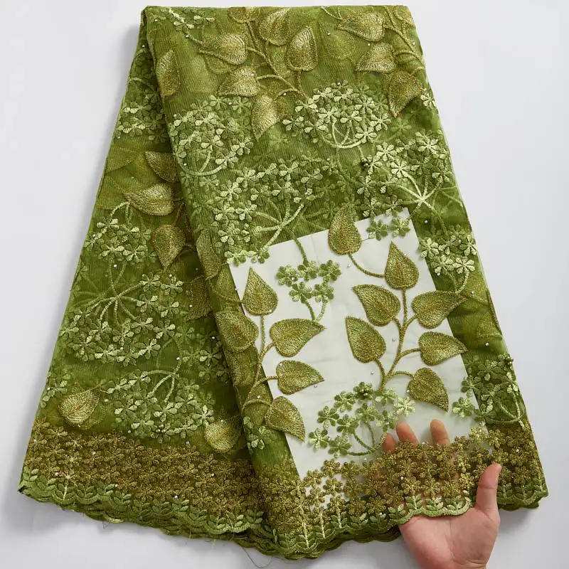 

African Lace Fabric 5 yards Embroidered Mesh Fabric African Green Voile High Quality Guipure French Lace for Wedding 210710